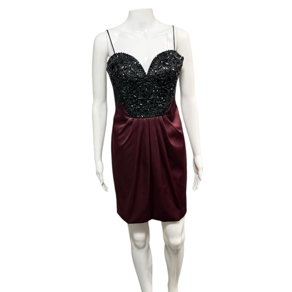 Mignon Beaded Cocktail Dress Burgundy Black Satin Tulip Hem VM-408 Size 8
